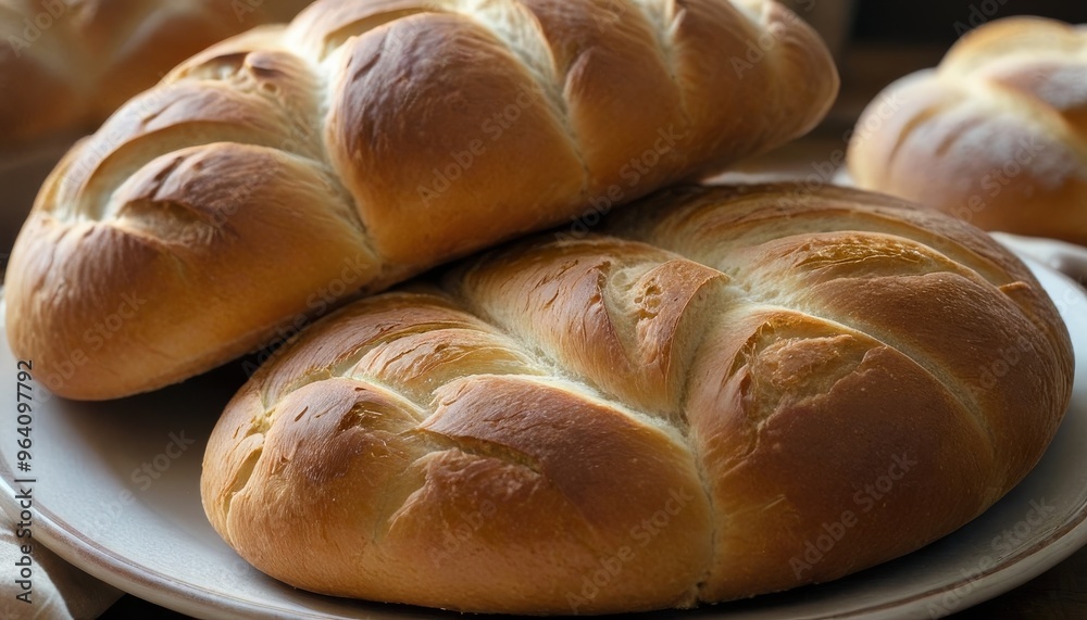 Two freshly baked braided bread loaves displayed on a plate, showcasing their golden brown crust and soft texture. The close-up shot highlights the detailed braiding and the inviting aroma of home Two freshly baked braided bread loaves displayed on a plate, showcasing their golden brown crust and soft texture. The close-up shot highlights the detailed braiding and the inviting aroma of home