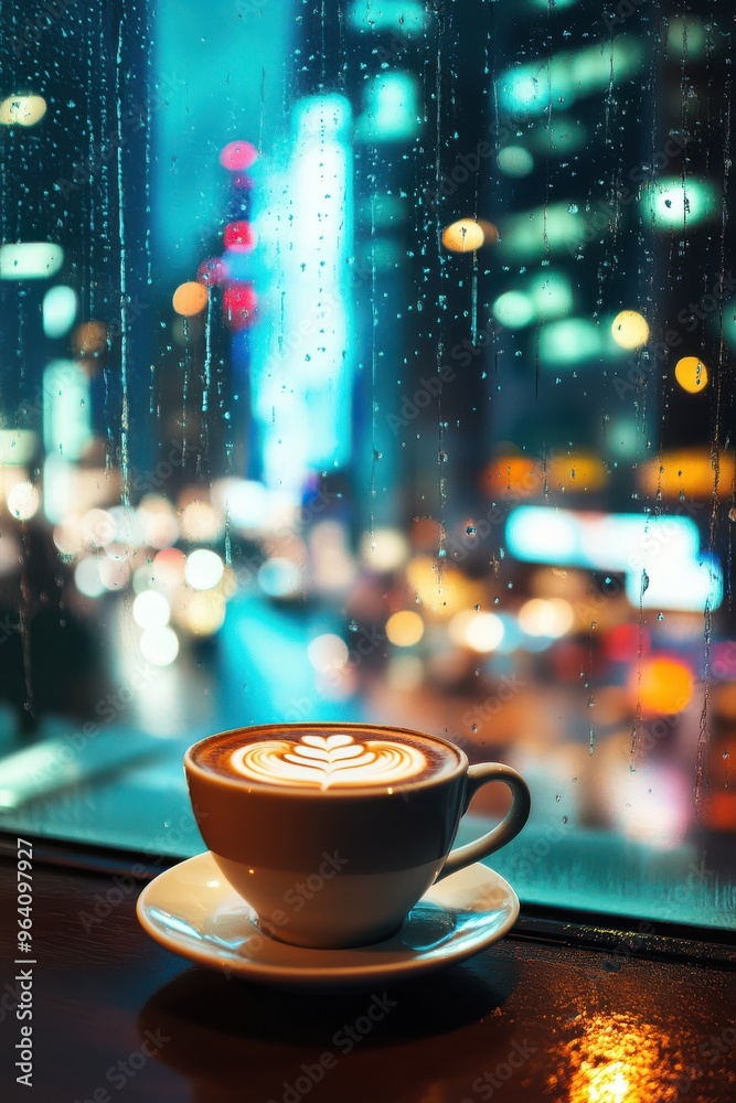 Latte art coffee and rainy window view of the blurry city background. Latte art coffee and rainy window view of the blurry city background.