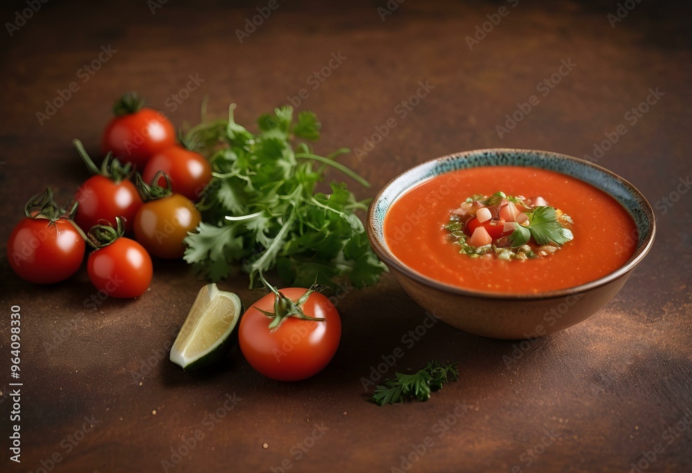 Red Tomato Soup with Diced Vegetables and Cilantro on Rustic Brown Background Red Tomato Soup with Diced Vegetables and Cilantro on Rustic Brown Background