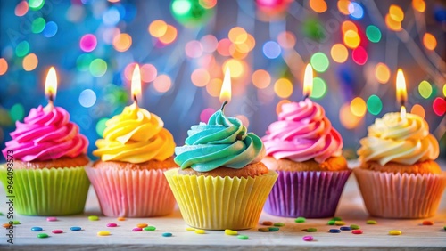 Colorful cupcakes with candles ready for a birthday party arrangement on a festive background