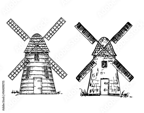 Windmill Sketch. Hand drawn vintage Mill set. Engraved style illustration. Village Mill House Doodle