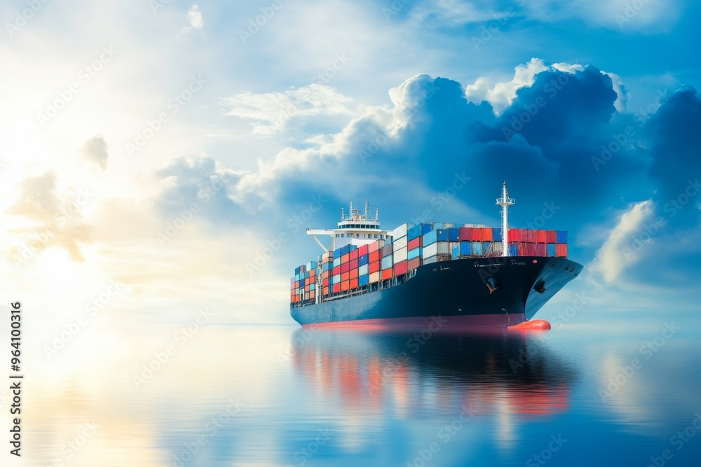 Cargo ship with containers sailing on calm waters under a blue sky with ...