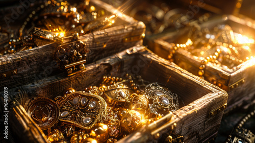 Close-up of wooden boxes full of gold. Expensive jewelry in a box at sunset. Concept of wealth, jewelry.