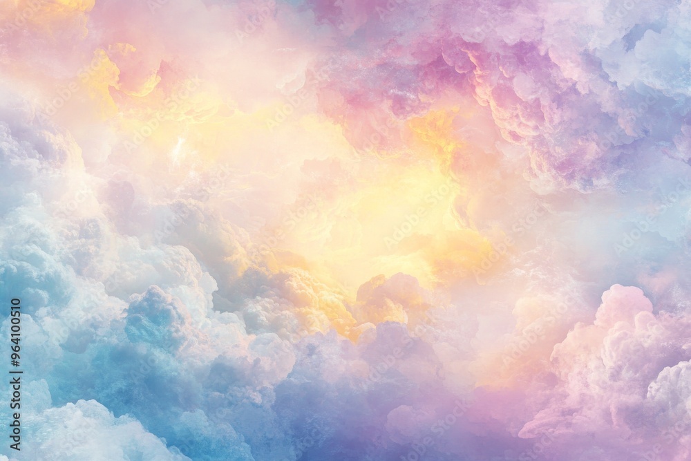 Ethereal pastel background with clouds and angels, creating a dreamy and tranquil heavenly scene. Ideal for spirituality and digital art projects.