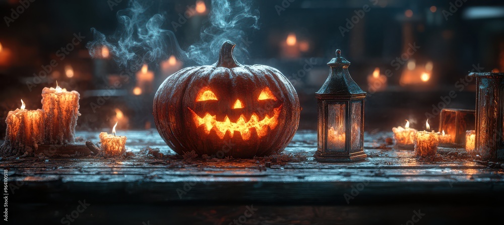 Halloween Pumpkin and Lantern on Rustic Table Halloween Pumpkin and Lantern on Rustic Table