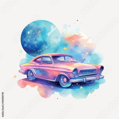 Vintage car under cosmic sky