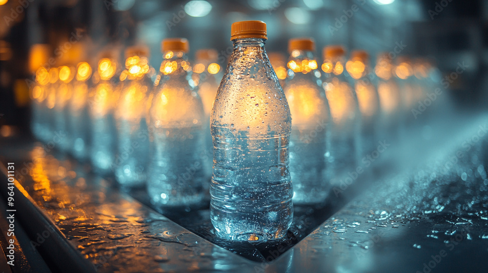 A close-up view of water bottles illuminated by soft lights, showcasing clarity and freshness in a manufacturing environment.