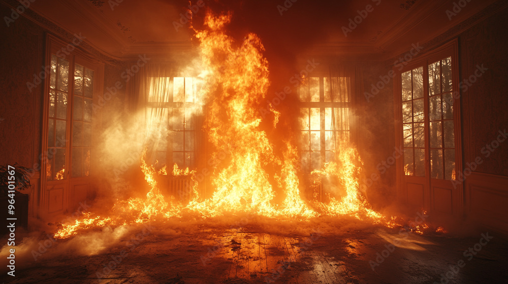 A dramatic scene of flames engulfing a room, showcasing the intensity and destruction of fire in an indoor environment.