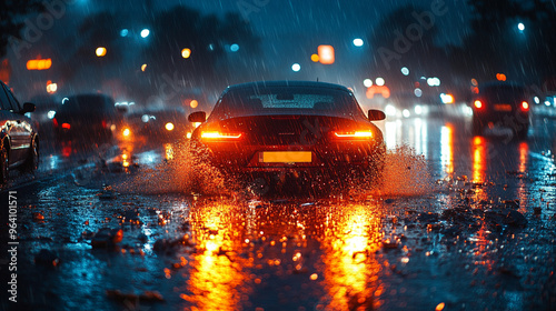 A dramatic scene of a car driving through heavy rain at night, with reflections glistening on the wet road.