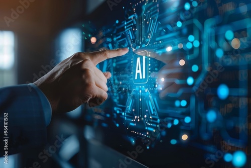 Innovative business concept with AI virtual hologram and futuristic interface, featuring dark blue background and AI robot hands, symbolizing data science industry