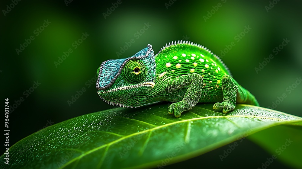 Green chameleon perched on a leaf in the misty rainforest.