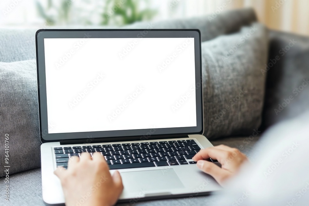 Person sitting on sofa typing on laptop with blank white screen, perfect for web development advertisement. View from behind shows partial profile, casual yet focused on their work. Person sitting on sofa typing on laptop with blank white screen, perfect for web development advertisement. View from behind shows partial profile, casual yet focused on their work.