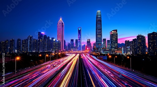 A vibrant cityscape at night, illuminated by streaks of traffic light trails.