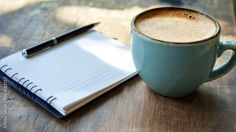 A coffee cup on a table with an open diary and pen, showcasing a planning or strategy concept. No logo, no people. A coffee cup on a table with an open diary and pen, showcasing a planning or strategy concept. No logo, no people.