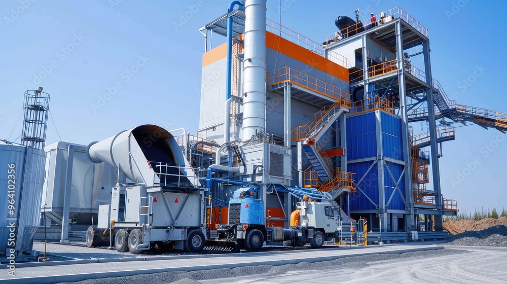 Obraz premium Modern Industrial Processing Plant with Trucks