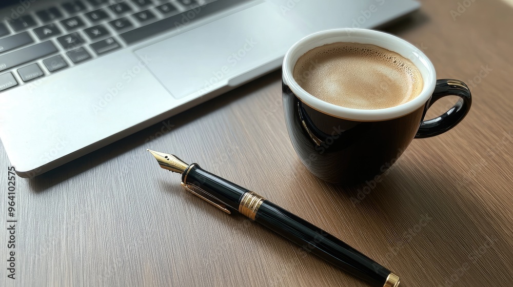 A cup of coffee next to a closed laptop and an elegant fountain pen, reflecting professional work ambiance. No logo, no people. A cup of coffee next to a closed laptop and an elegant fountain pen, reflecting professional work ambiance. No logo, no people.