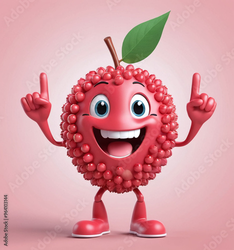 3D cute fruit character, adorable big eyes lychee with leaf, 3D render isolated in clean background