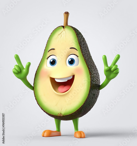3D cute adorable avocado character, big eyes, fat, happy smile fun, isolated in grey background