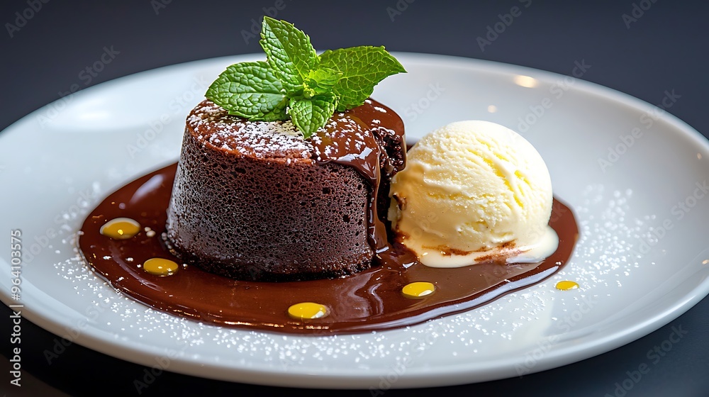 A molten chocolate lava cake paired with creamy vanilla ice cream and a mint garnish. A molten chocolate lava cake paired with creamy vanilla ice cream and a mint garnish.