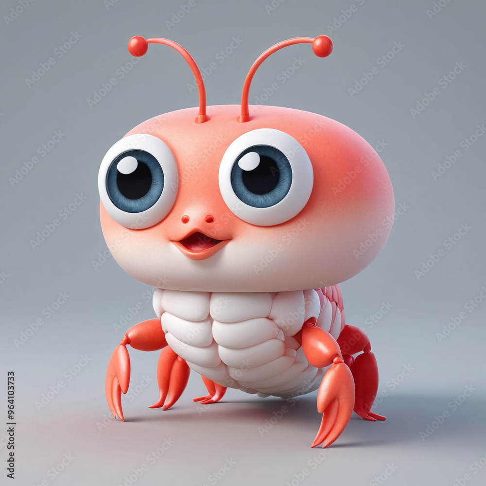 cute adorable, big eyes, fat, 3D render shrimp character mascot, isolated in grey background cute adorable, big eyes, fat, 3D render shrimp character mascot, isolated in grey background
