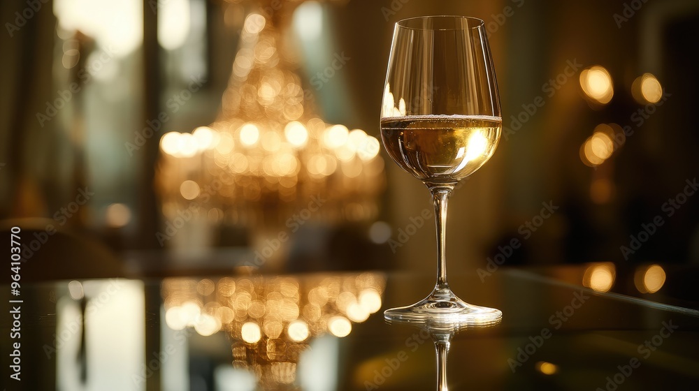 A glass of wine on a mirror-top table reflecting a chandelier, creating a sophisticated and opulent mood. No logo, no people. A glass of wine on a mirror-top table reflecting a chandelier, creating a sophisticated and opulent mood. No logo, no people.