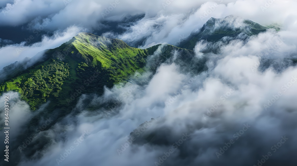 Thick, fog-like clouds enveloping the peaks of high, green hills, creating an ethereal and mysterious atmosphere. The clouds partially obscure the hills, adding an element of intrigue. Thick, fog-like clouds enveloping the peaks of high, green hills, creating an ethereal and mysterious atmosphere. The clouds partially obscure the hills, adding an element of intrigue.