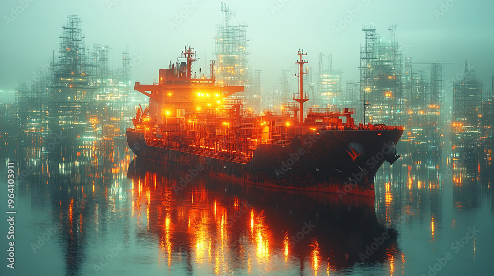 A stunning foggy scene featuring an illuminated cargo ship amidst industrial structures, creating a captivating maritime landscape.