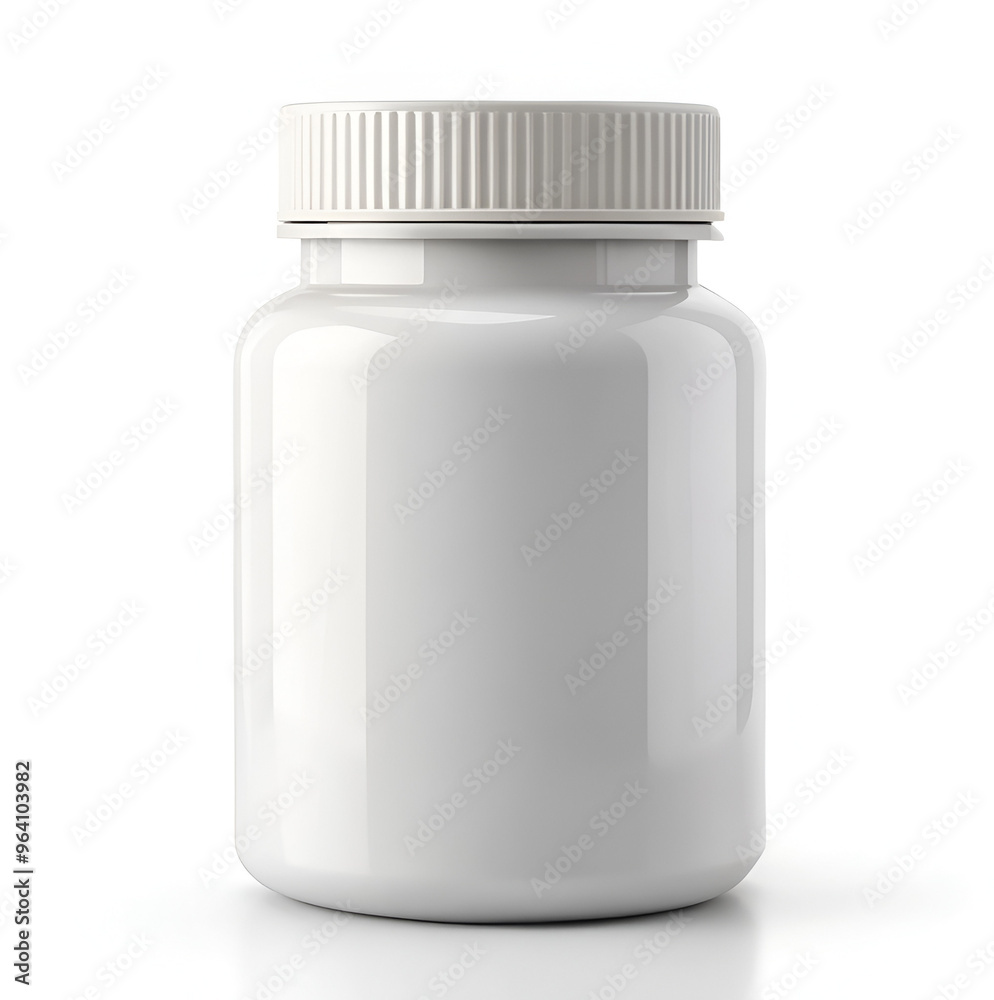 3D Render of a Blank White Pill Bottle with a Childproof Cap, Placed on a Clean White Background with a Soft Glow Effect 3D Render of a Blank White Pill Bottle with a Childproof Cap, Placed on a Clean White Background with a Soft Glow Effect