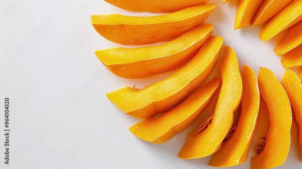 Thin, evenly sliced pieces of bright orange pumpkin arranged in a circular pattern on a pristine white background, showcasing the vibrant colors and fresh texture. Thin, evenly sliced pieces of bright orange pumpkin arranged in a circular pattern on a pristine white background, showcasing the vibrant colors and fresh texture.