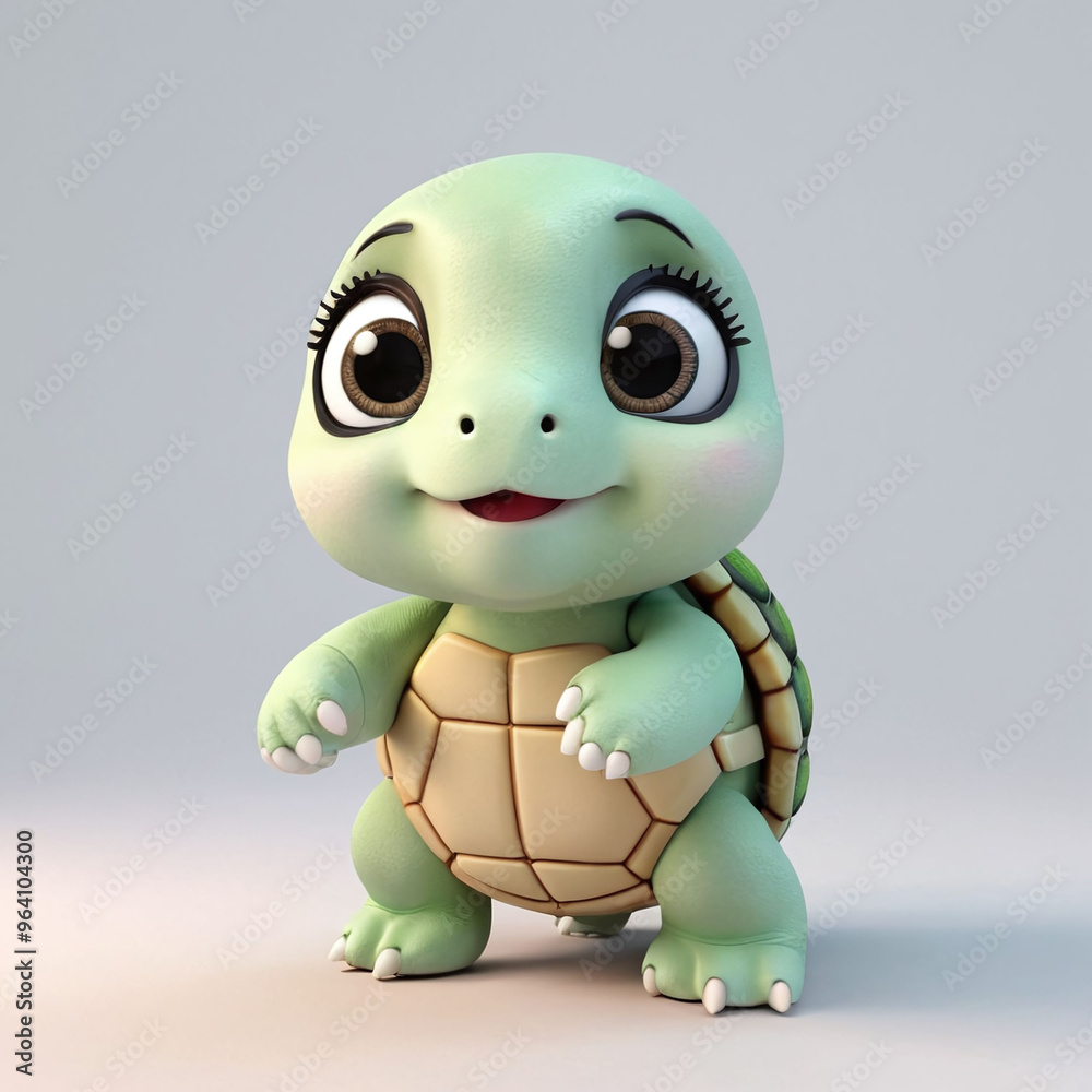 3D cute adorable happy funny turtle 3D cartoon on light grey background
