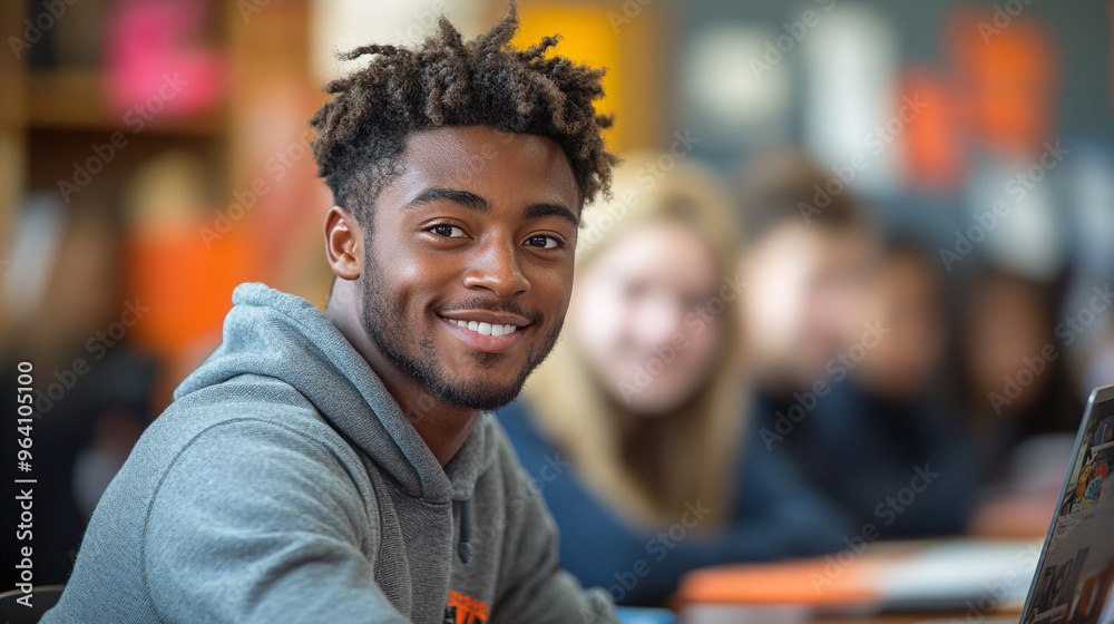 A young student smiles while holding a laptop, showcasing joy and engagement in a classroom environment.