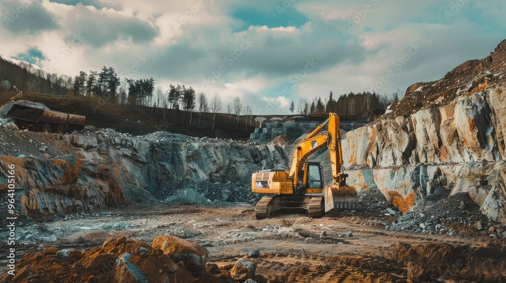 Excavator in a Rocky Quarry under Cloudy Sky Excavator in a Rocky Quarry under Cloudy Sky