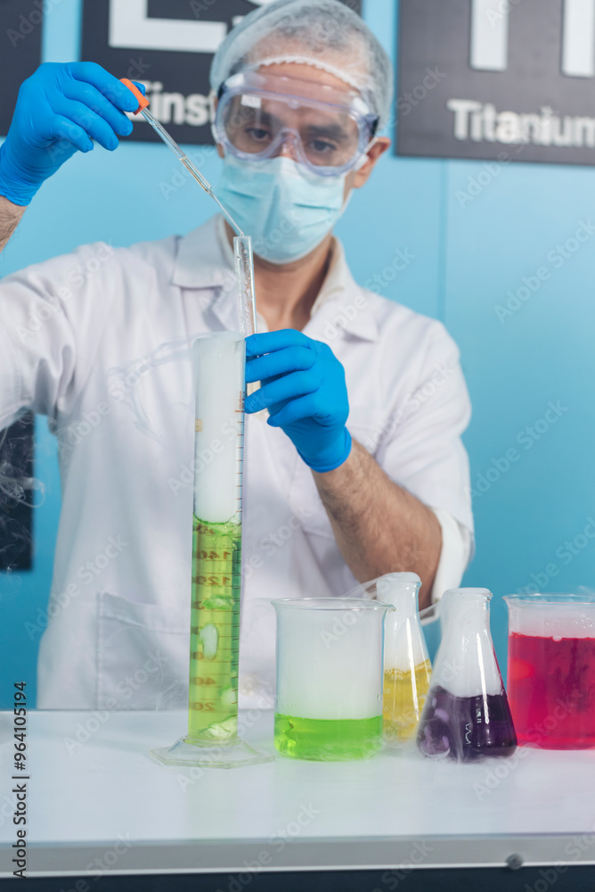 Vertical Caucasian Scientist test experiment research data science laboratory. Expert man use microscope laptop medical analyze. Portrait Biochemistry scientist white lab coat mask face shield Vertical Caucasian Scientist test experiment research data science laboratory. Expert man use microscope laptop medical analyze. Portrait Biochemistry scientist white lab coat mask face shield