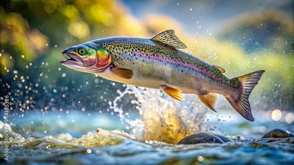 Naklejka premium Vibrant image of a jumping trout in a sparkling river