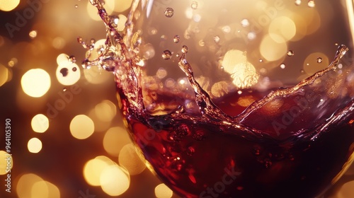 Close-up of a red wine splash with intricate detail, set against a luxurious backdrop of soft, warm lights. No people.