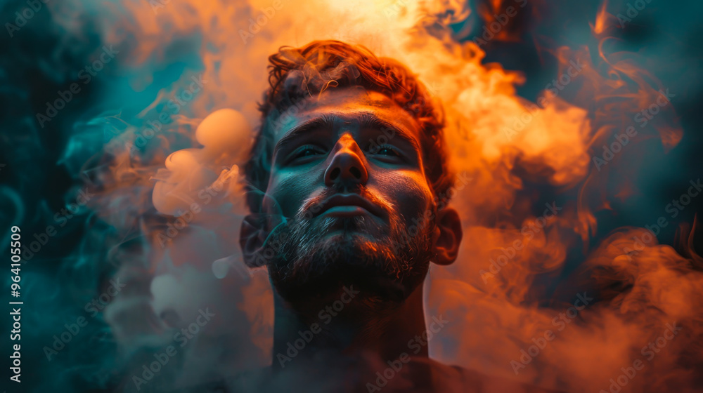 Close-up of the face of a young man with a lot of smoke swirling around him. Close-up of the face of a young man with a lot of smoke swirling around him.