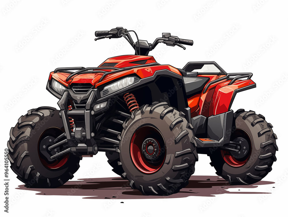 Red quad bike isolated on white background. Nature adventure. Extreme transport. Sport ride and racing. Cut out. Image generated by Ai technology Red quad bike isolated on white background. Nature adventure. Extreme transport. Sport ride and racing. Cut out. Image generated by Ai technology