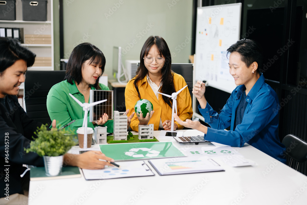 Asian professionals collaborate on sustainable energy solutions with wind turbines, solar panels, and eco Asian professionals collaborate on sustainable energy solutions with wind turbines, solar panels, and eco