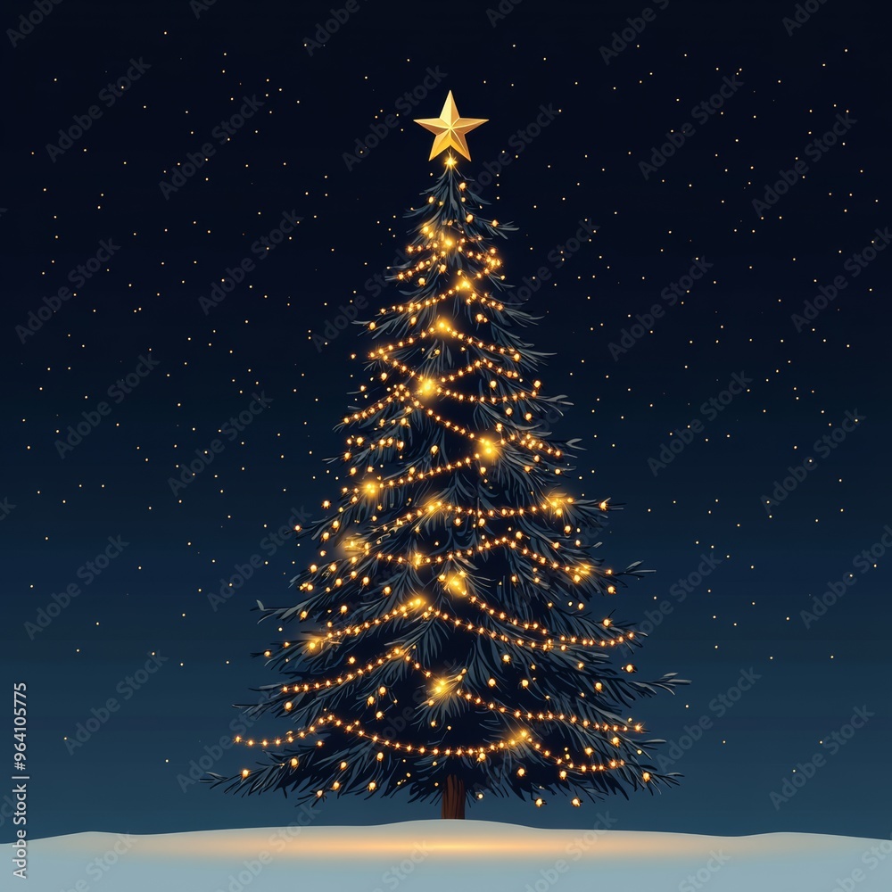 A vector illustration of a decorated Christmas tree with golden lights and a star on top, placed against a dark, starry night sky A vector illustration of a decorated Christmas tree with golden lights and a star on top, placed against a dark, starry night sky