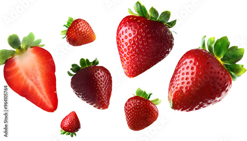  strawberries like the furthest, some are split, isolated on transparent background