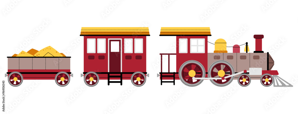 Obraz premium Cartoon steam locomotive with carriage on white background. Children s toy train in flat style. Children s illustration of railway transport for fabric design, wallpaper, greeting cards, etc.