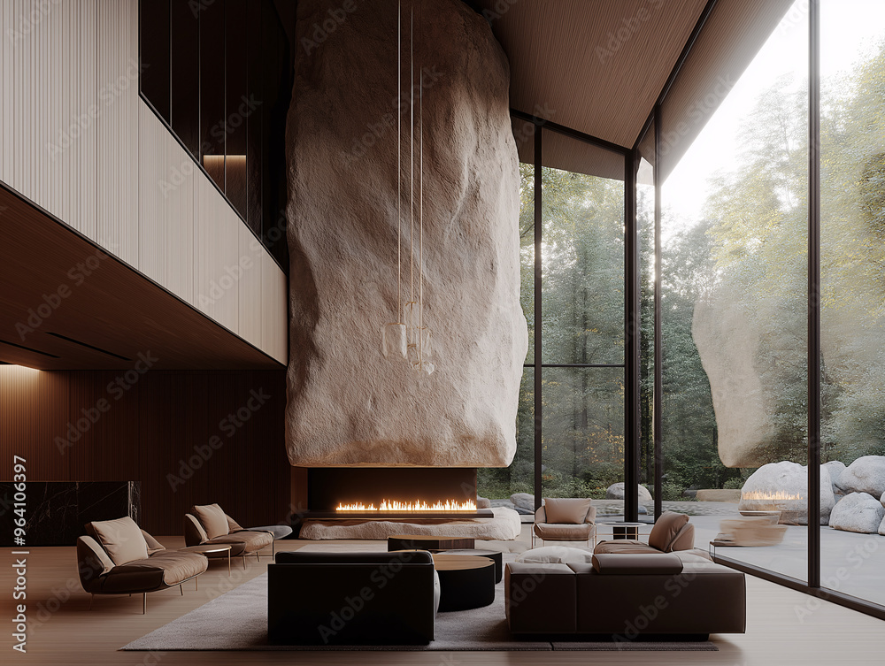Fototapeta premium Modern Interior Design Living Room with Wood and Stone Flooring, Hanging Chandelier, Lounge Chairs around Fireplace, Rock Paneling Wall, Double-Height Ceiling, Pendant Lighting