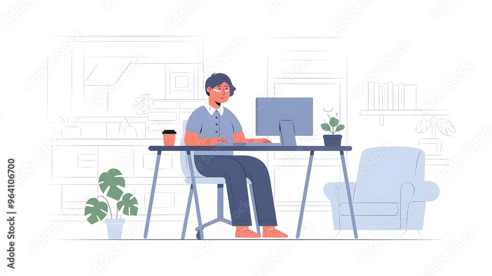 A person working at a desk with a computer, coffee, and plants, creating a modern workspace atmosphere for productivity. A person working at a desk with a computer, coffee, and plants, creating a modern workspace atmosphere for productivity.