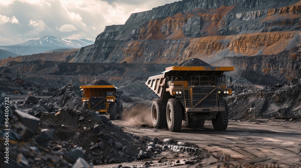 Heavy Mining Trucks in Open-Pit Quarry Heavy Mining Trucks in Open-Pit Quarry