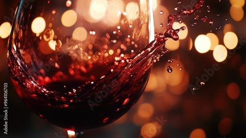 Dynamic close-up of wine splash with a rich red hue, illuminated by abstract evening lights in the background. No people. photo