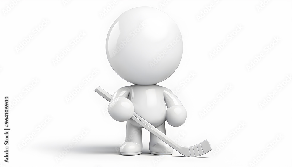A detailed 3D rendering of a cartoonish white glossy humanoid character holding a hockey stick, standing in a minimalist scene, highlighting simplicity and modern aesthetics. A detailed 3D rendering of a cartoonish white glossy humanoid character holding a hockey stick, standing in a minimalist scene, highlighting simplicity and modern aesthetics.