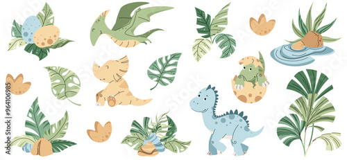 Set of cute cartoon dinosaurs and tropical plants on white background. Ancient lizards collection. Children s illustration for design of clothes, wallpapers, greeting cards, etc.