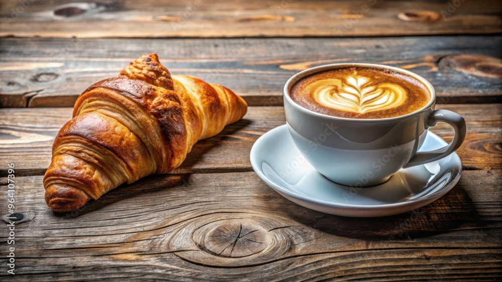Fresh croissant and latte displayed on a rustic wooden table Fresh croissant and latte displayed on a rustic wooden table