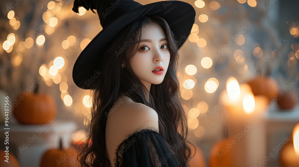 Enchanting witch in a cozy autumn setting surrounded by pumpkins and warm lights, perfect for Halloween-themed imagery. Enchanting witch in a cozy autumn setting surrounded by pumpkins and warm lights, perfect for Halloween-themed imagery.