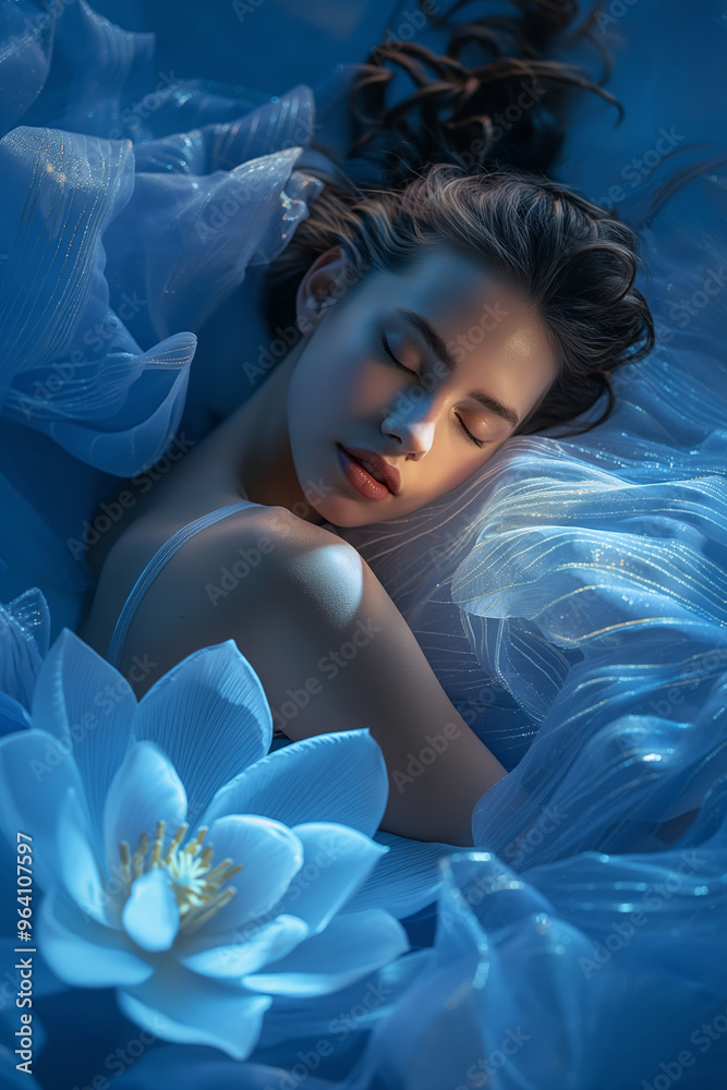 Person lying within blue flower petals and drapes. Person lying within blue flower petals and drapes.